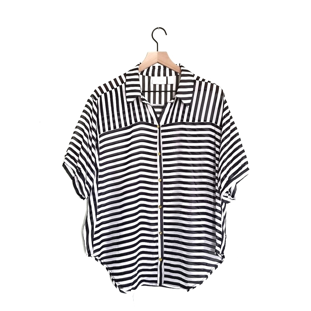 Chico's SZ 2 Large Black White Striped Sheer Tunic